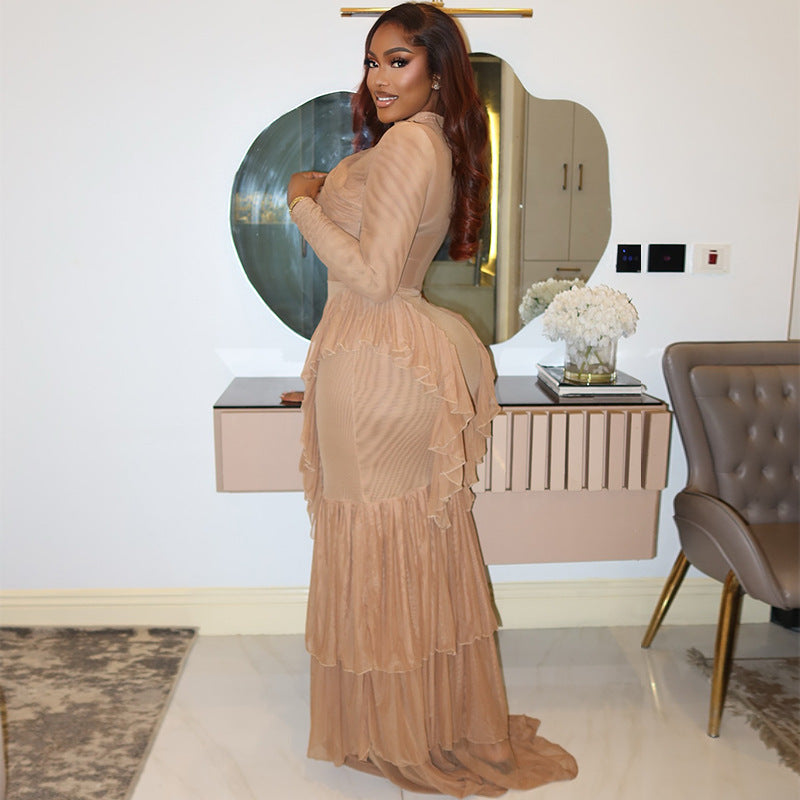 European and American  women's clothing 2025 autumn new fashionable semi-turtleneck waist hip-wrapped solid color dress splicing dress