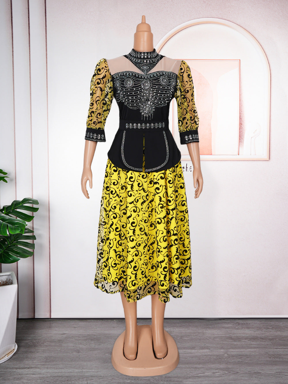 Fashion cross-border export women's clothing plus size african  hot diamond bubble beads waist slimming looklacepatchworkdress