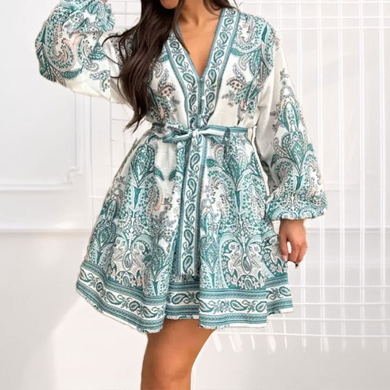 summer new arrivals: women's clothing - cross-border european & american hot seller - vintage print lantern sleeve v-neck tie-up dress