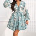 summer new arrivals: women's clothing - cross-border european & american hot seller - vintage print lantern sleeve v-neck tie-up dress