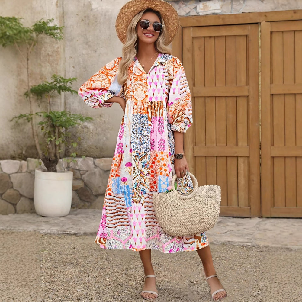 European and american cross-border   spring/summer printed vacation dress - beach, seaside, siam style sun protection maxi dress