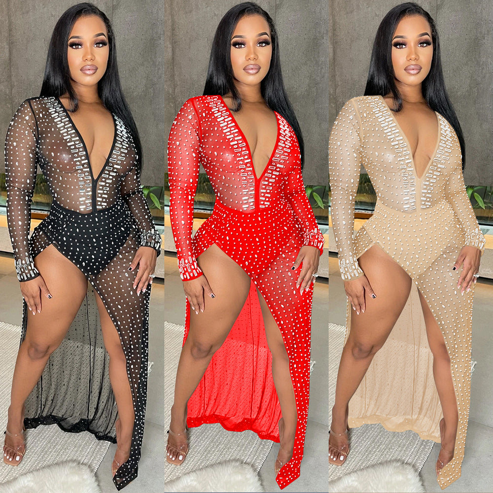 C5729   fashion women's nightclub rhinestone deep v long sleeve slit maxi dress