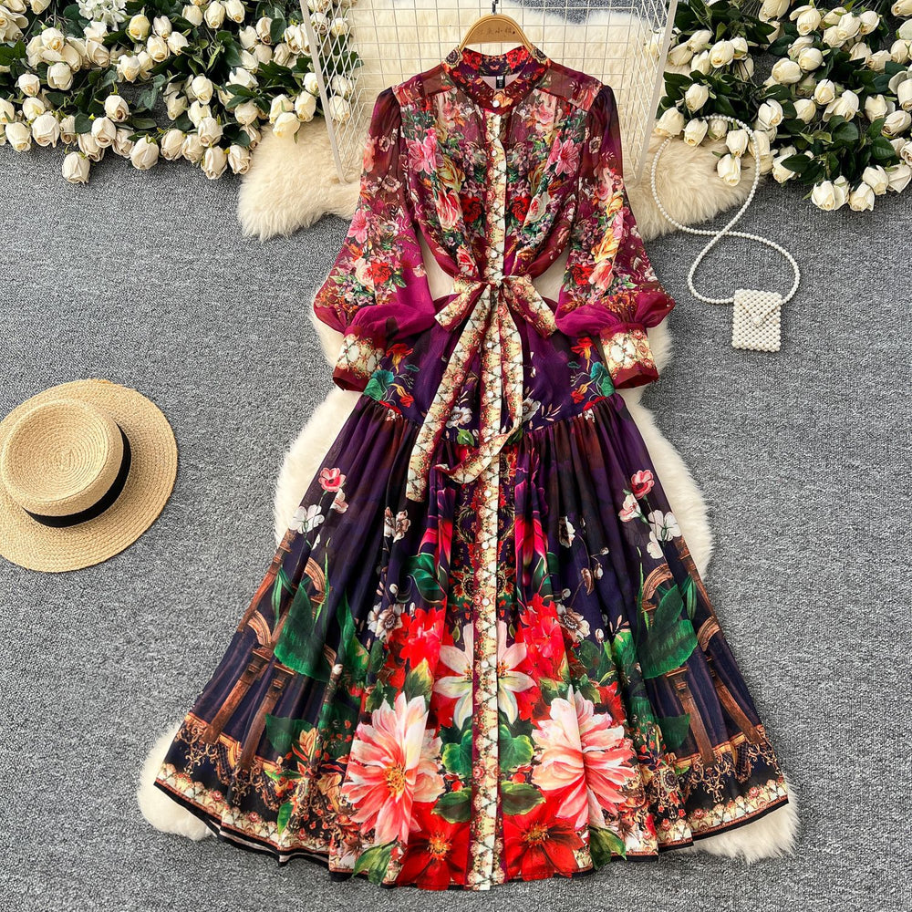 European and american style court dress - women's vintage print, slimming waist, elegant print, pleated chiffon maxi dress