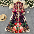 European and american style court dress - women's vintage print, slimming waist, elegant print, pleated chiffon maxi dress