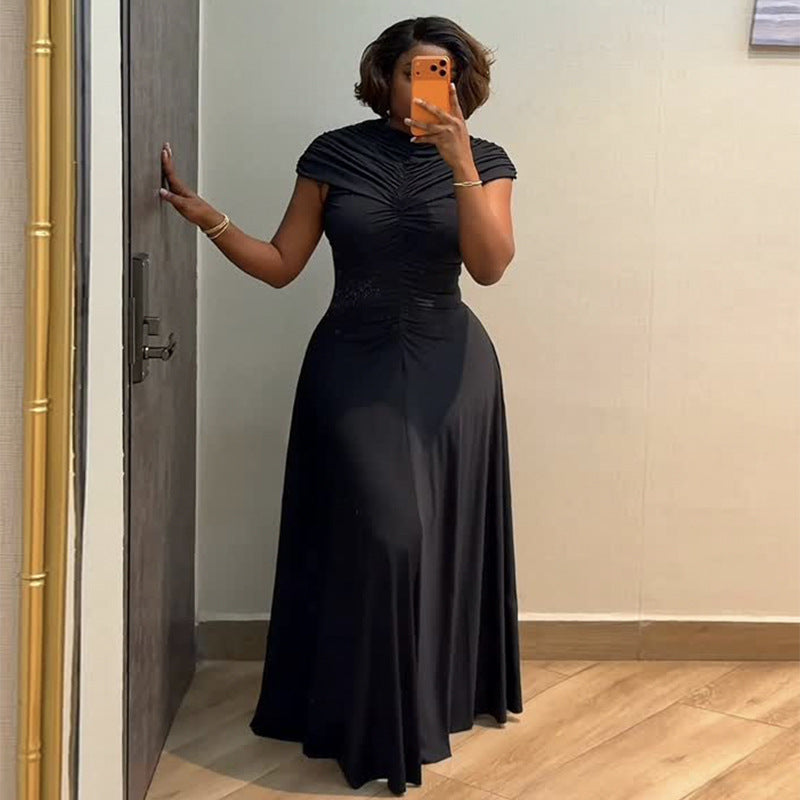 European and american cross-border african women's clothing  spring new arrival: elegant round neck pleated slim-fit long dress