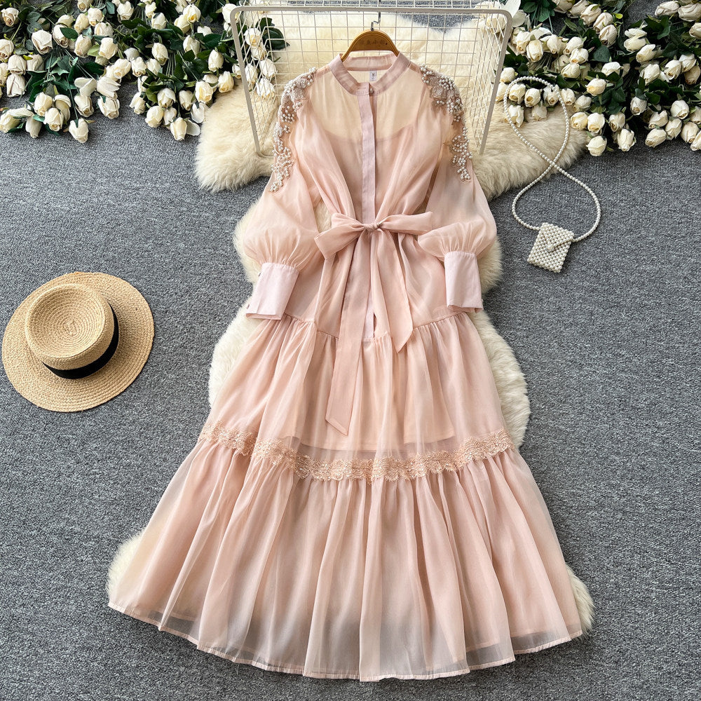 French chic lantern sleeve embroidered dress - spring beaded waist tie a-line maxi dress - elegant & professional