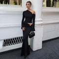 Autumn new arrivals: european and american style fashionable one-shoulder metallic detail flared sleeve top and high-waisted midi skirt set
