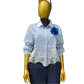 European and american cross-border women's fashion:  summer new arrival - chic and elegant lace-trimmed, striped, long-sleeved blouse with turn-down collar