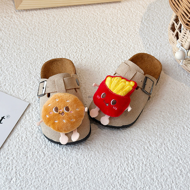 New children's birkenstock-style slippers - cartoon burger & fries design - spring/autumn outdoor wear - cute flat thick sole baby slippers