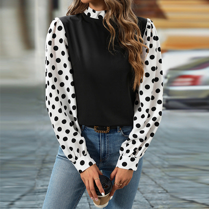 Customized European and American temperament polka dot long-sleeved shirt    contrasting color pullover shirt female contractor material