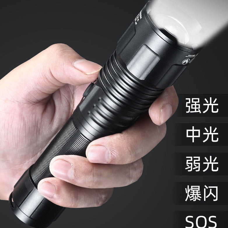 In December, the new  aluminum alloy strong light flashlight, zoom power display USB charging outdoor household flashlight