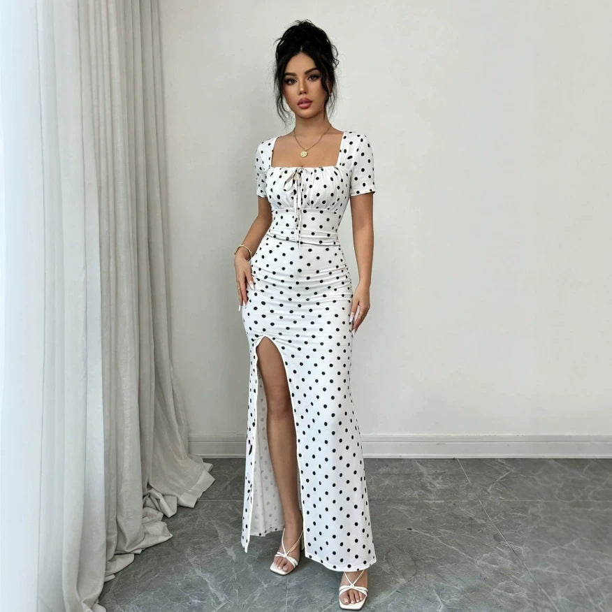 Women's summer  new arrival: bubble sleeve v-neck fitted waist slimming elegant mermaid maxi dress - french polka dot style