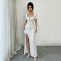 Women's summer  new arrival: bubble sleeve v-neck fitted waist slimming elegant mermaid maxi dress - french polka dot style