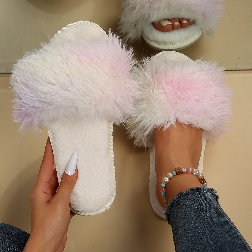 Cotton slippers for women, autumn and winter confinement, indoor home, fleece-linedheattech flip-flops, open long hair, thick sole fur shoes