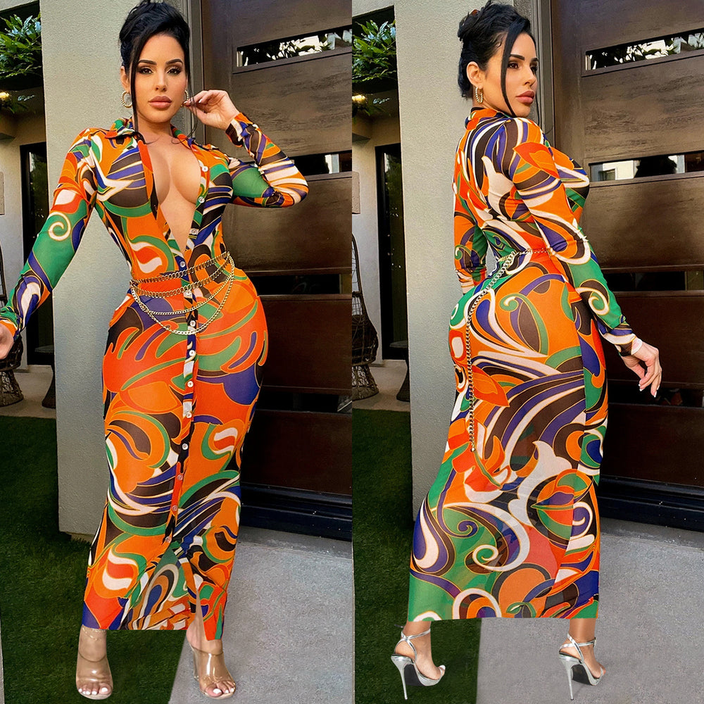 C5838 special offer: no returns or exchanges. please purchase with care. cross-border fashionable european and american women's sexy mesh printed v-neck dress
