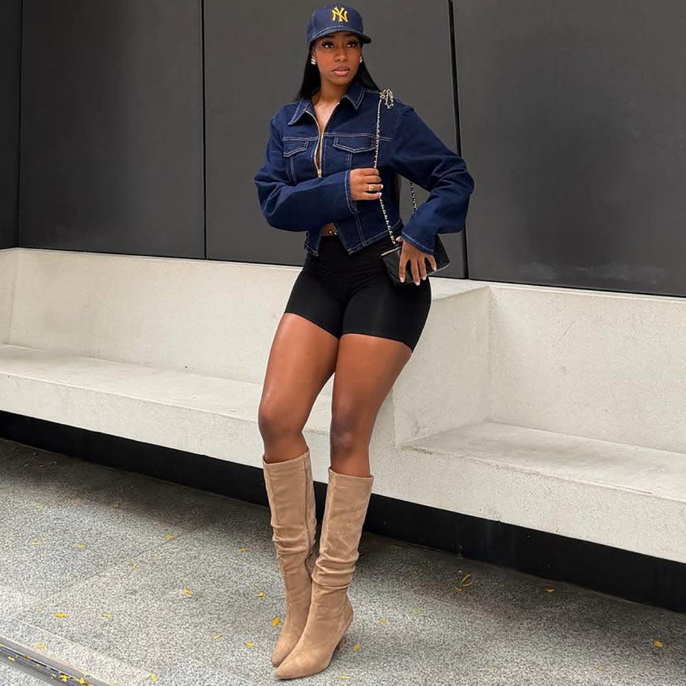 European and american style women's casual denim jacket -  cross-border women's fashion streetwear turn-down collar long sleeve cropped jacket