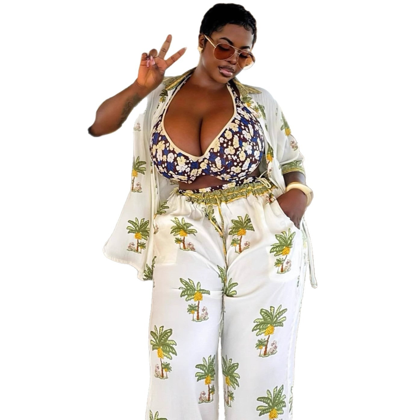 European and American large-size casual women's clothing set printed cardigan shirt trousers women's African loose fashion new two-piece set