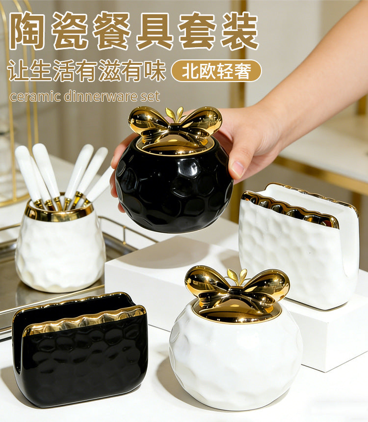 Nordic light luxury ceramic desktop tissue box storage jar three-piece set - household fruit fork & floss container combo - wholesale