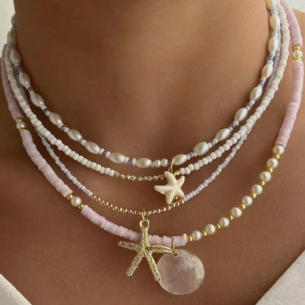 European and american summer bohemian pink polymer clay pearl beaded necklace set - ocean element starfish layered necklaces