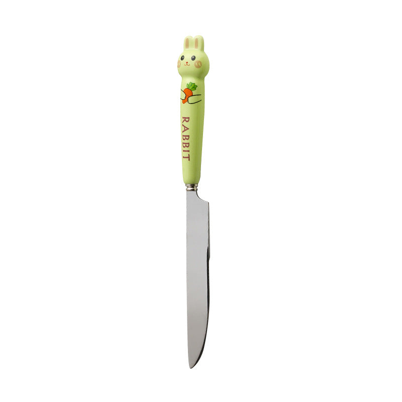 Cartoon stainless steel cutlery set: cute kids' forks with stylish ceramic handles, exquisite dessert spoons, and serving spoons