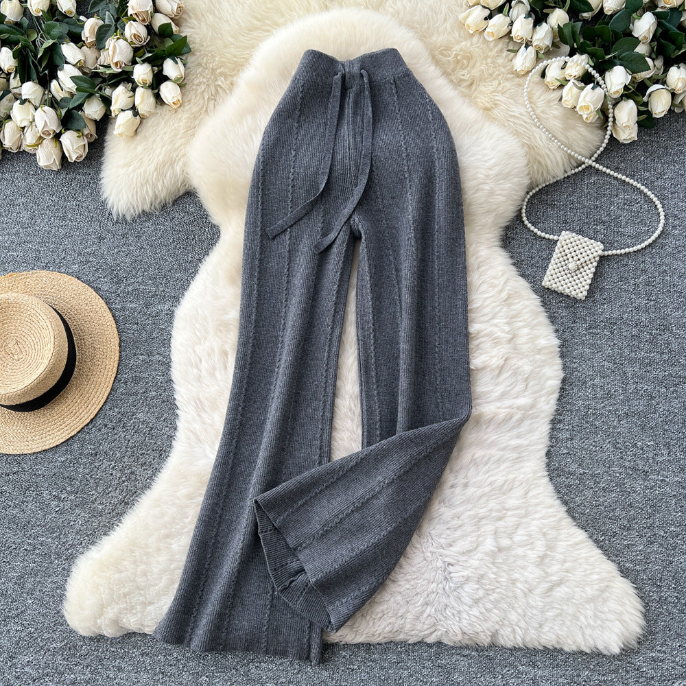 Soft and waxy knitting pants 2025fall and winter lazy style casual elastic waist elastic high waistslimming lookmopstraight-legpants