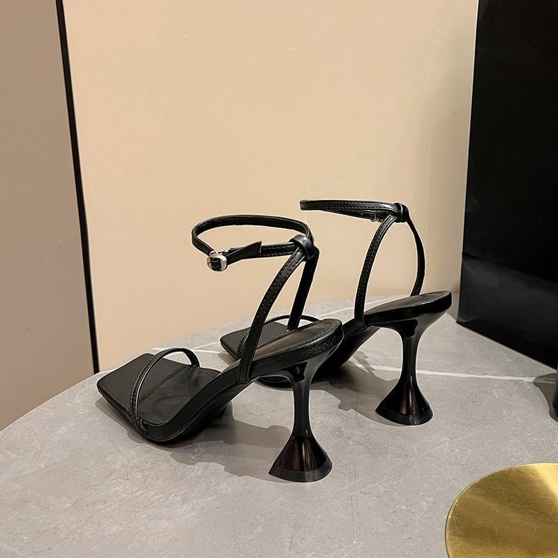Square toe shoes thick heel high heel sandals beautiful wine glass heel 2025new arrivalsummeraw black one strap high heel shoes for women