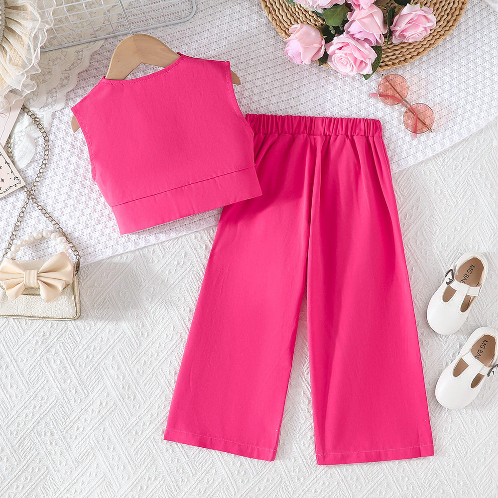 new girls' solid color cropped vest set: collared vest + high-waisted wide-leg pants