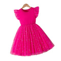 girls' summer mesh dress - pink round neck flutter sleeve star print tutu - cute kids' princess dress