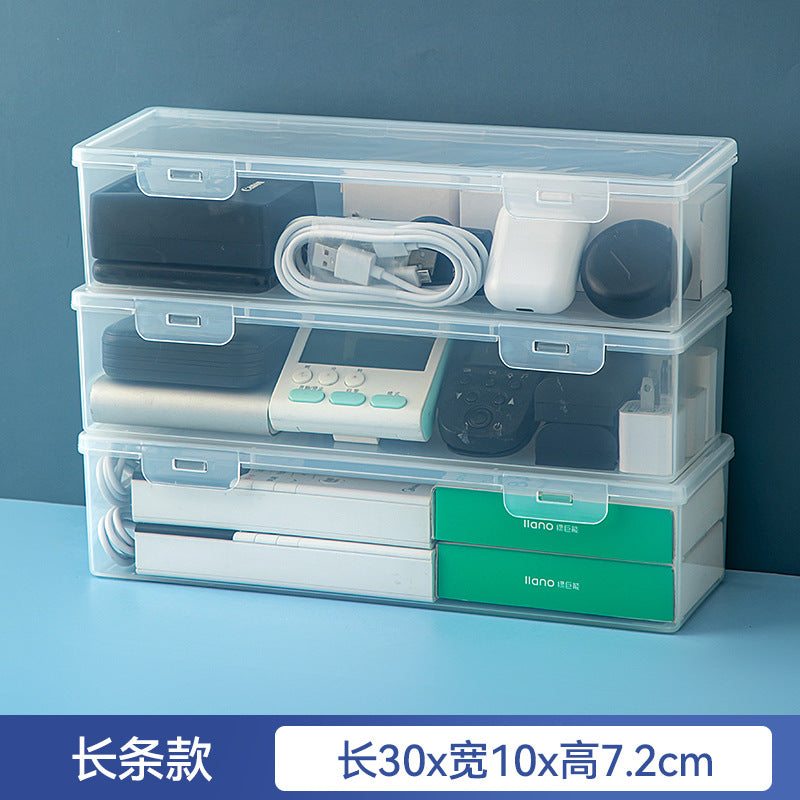 Desktop long rectangular storage box with lid grid transparent storage box flip plastic data cable storage box