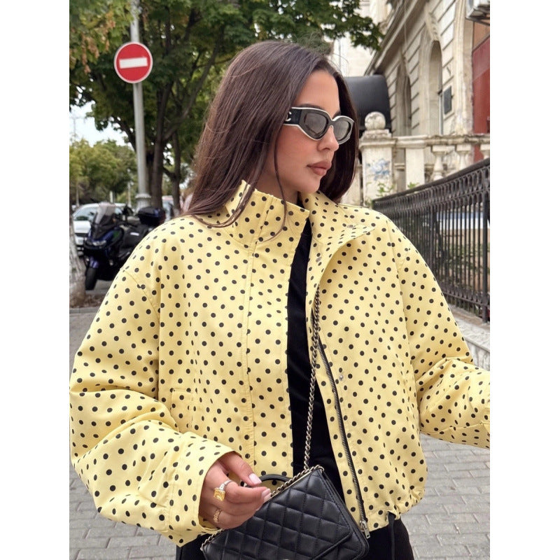 fashion:  autumn new arrivals - chic polka dot print, relaxed fit, zip-up jacket for women (us/eu)