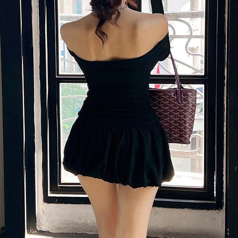 autumn european and american style women's chic fashion off-the-shoulder one-shoulder long sleeve patchwork short puffy dress