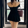 autumn european and american style women's chic fashion off-the-shoulder one-shoulder long sleeve patchwork short puffy dress