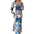 summer new women's clothing: cross-border european and american hot seller - fashionable printed v-neck irregular top and maxi skirt set