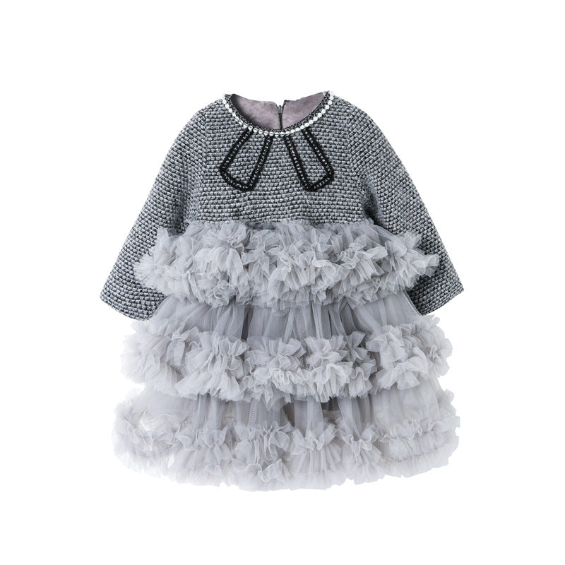 【in stock】girls' dress  new collection: chic tweed-style mesh princess dress, trendy kids' influencer cake dress