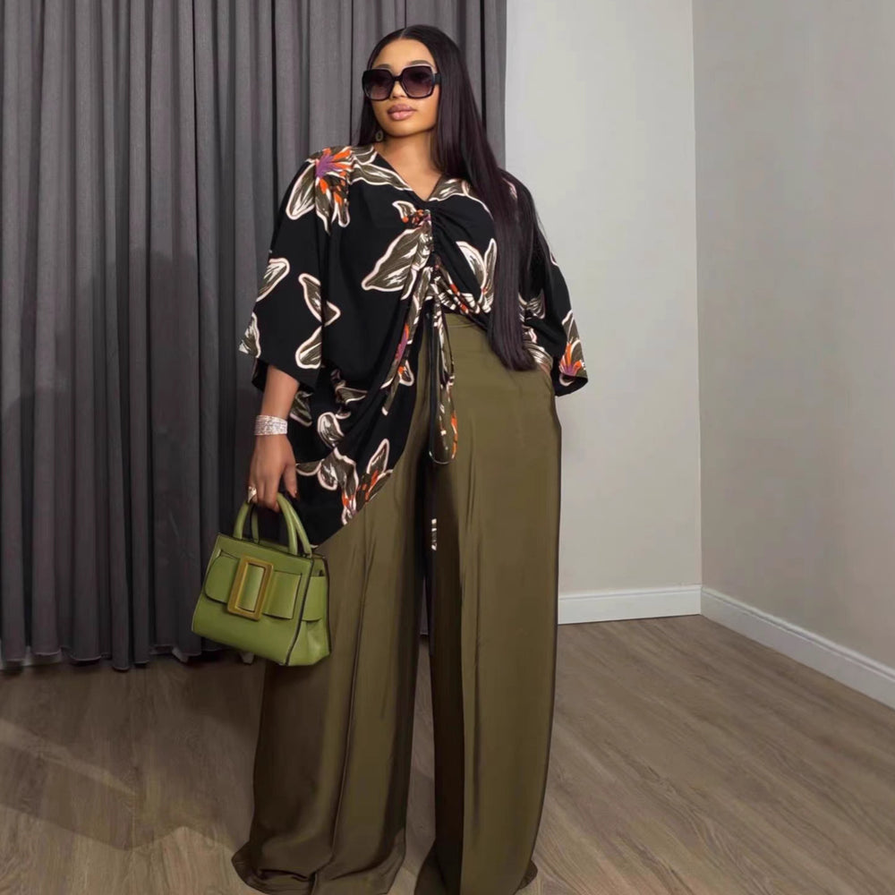 European and american cross-border women's clothing  summer new collection: casual plus size printed drawstring top and wide-leg pants set