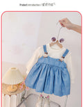 kids' fashion korean style dress - girls' round neck long sleeve cartoon print suspender faux two-piece patchwork dress
