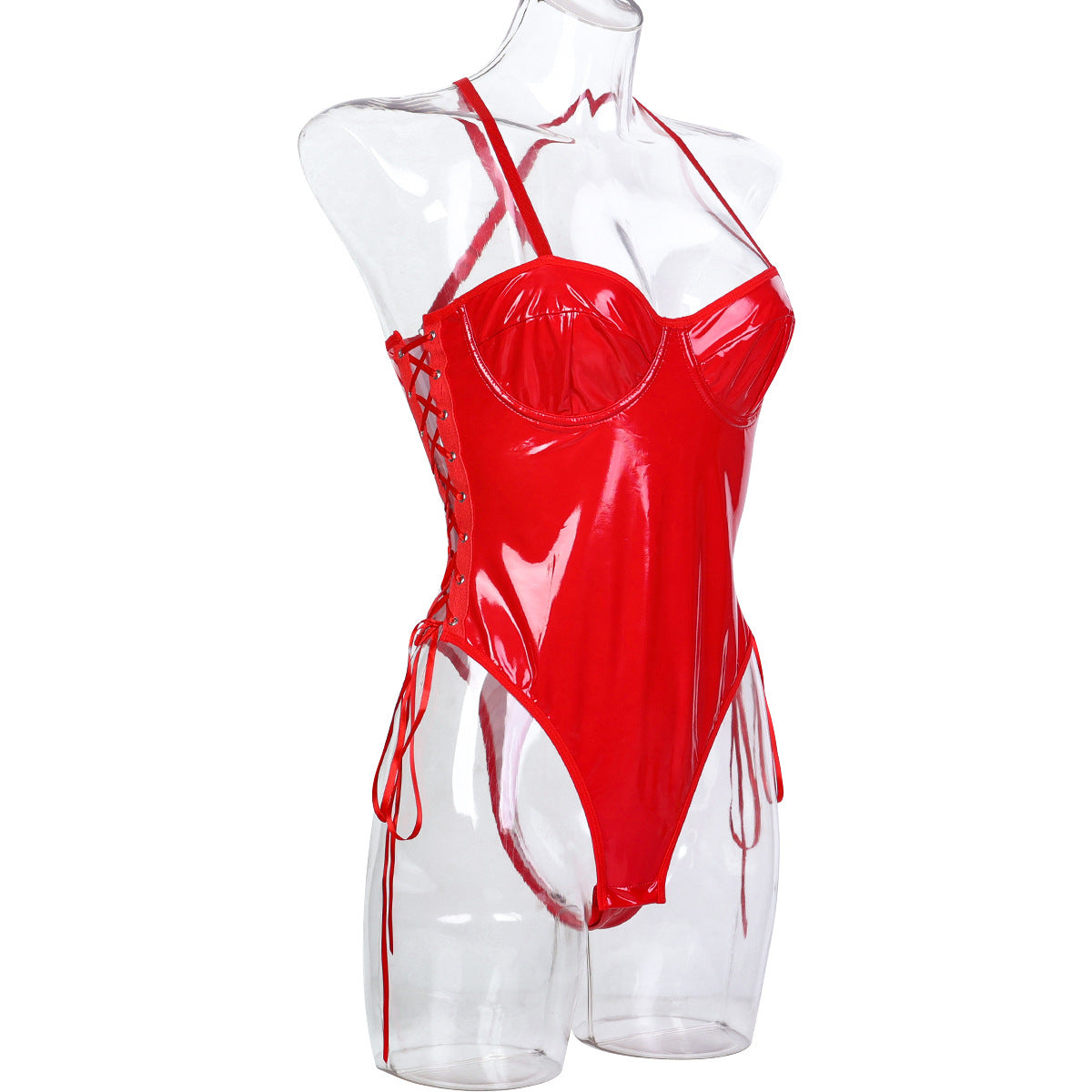 Solid color PU patent leather complex side waist strap tight suspender onesie European and American women's underwear can be worn alone 3563