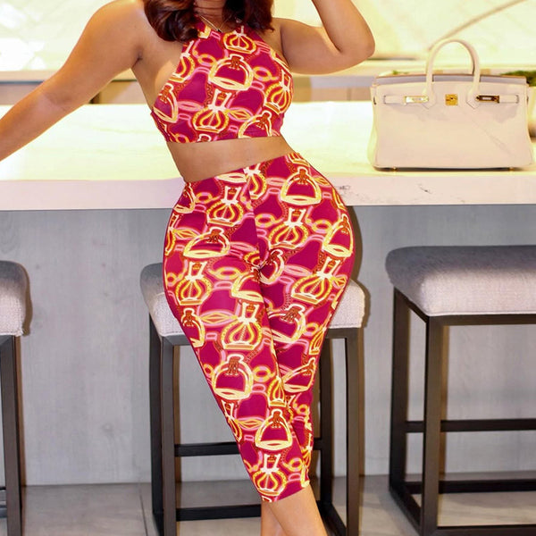 European and American style 2025 summer new women's clothing sexy spice girl navel tight contrasting color personalized printed nine-point pants set