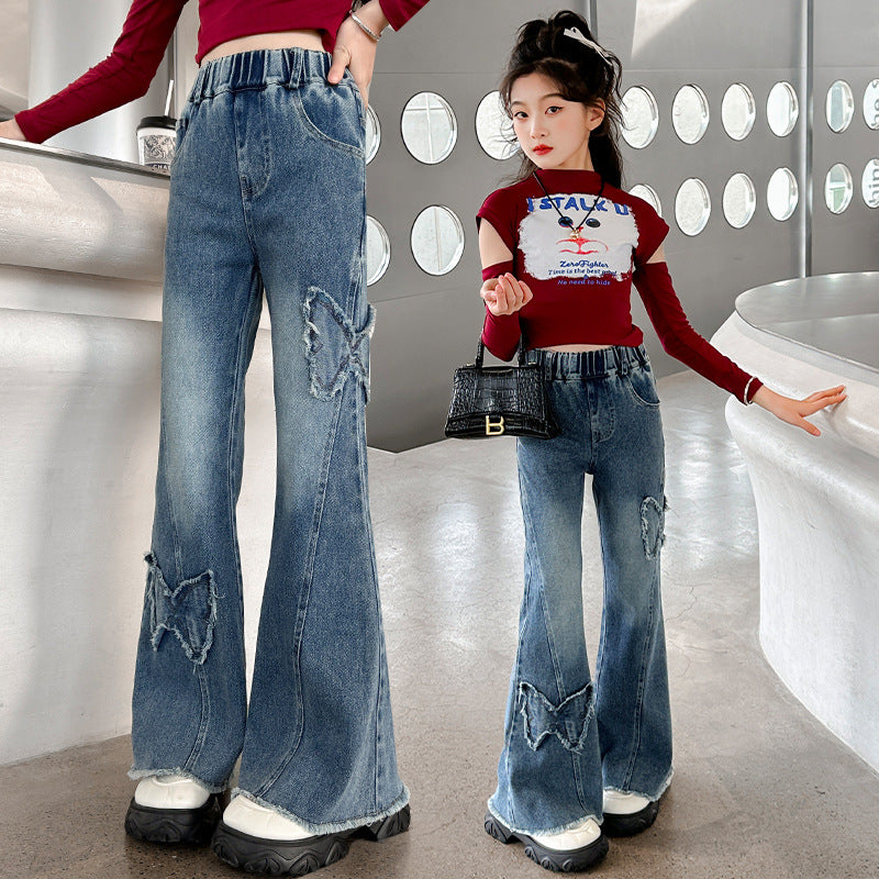 Korean girl's jeans - spring/autumn style, trendy & stylish flare pants for girls, popular kids' denim