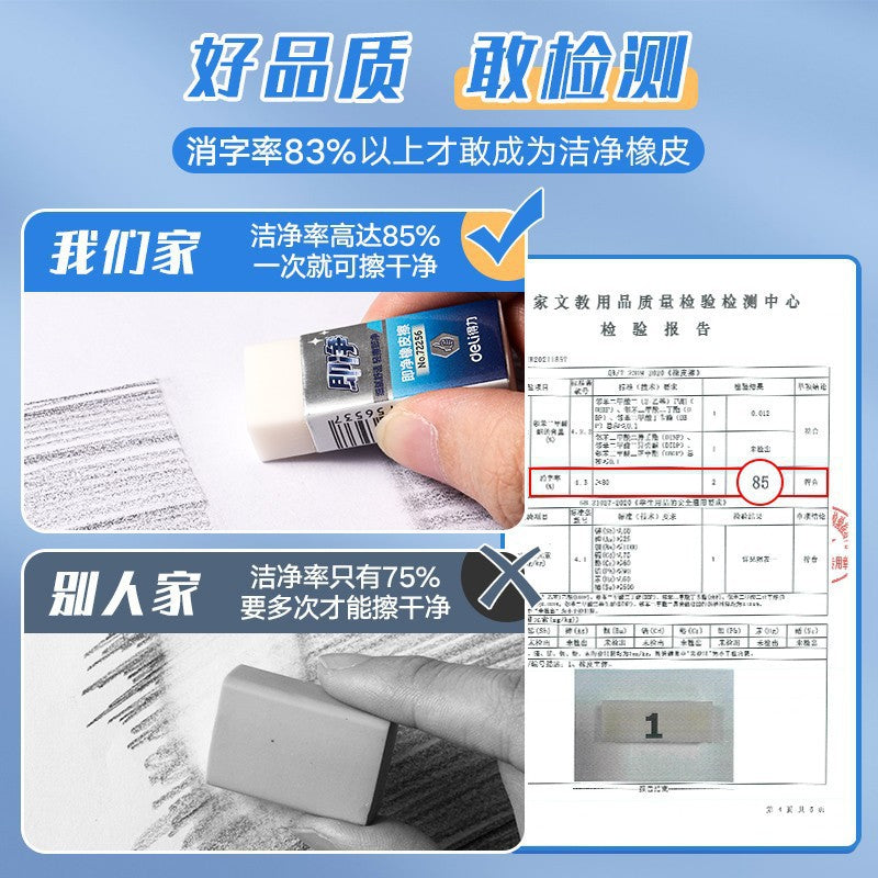 Deli 72256 is a clean eraser for primary school students. It is clean and does not leave marks. Special pencil eraser for art students