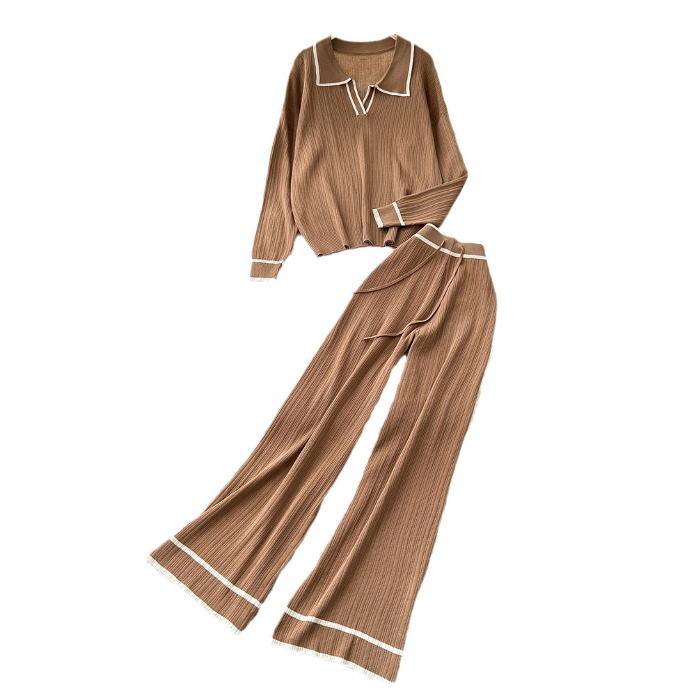 Knitting shirt two-piece set women's fall and winter lazy style easiest for matchretro lapel pullover sweaterhigh waistcasual wide-leg pants