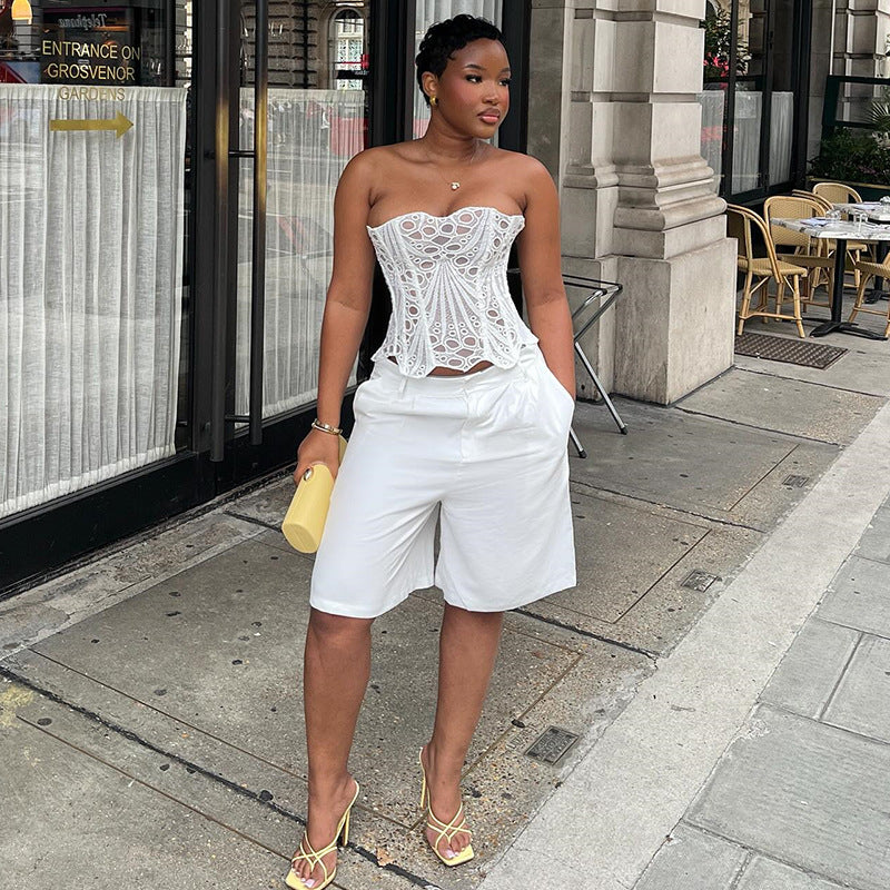 European and american cross-border women's fashion:  autumn new arrivals - irregular lace court style corset print shaping top