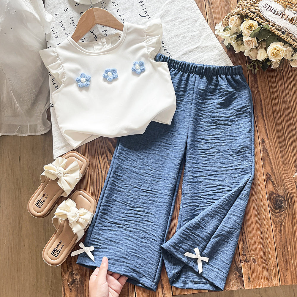 new cross-border summer children's clothing: european and american fashionable girls' floral top + refreshing wide-leg pants two-piece set