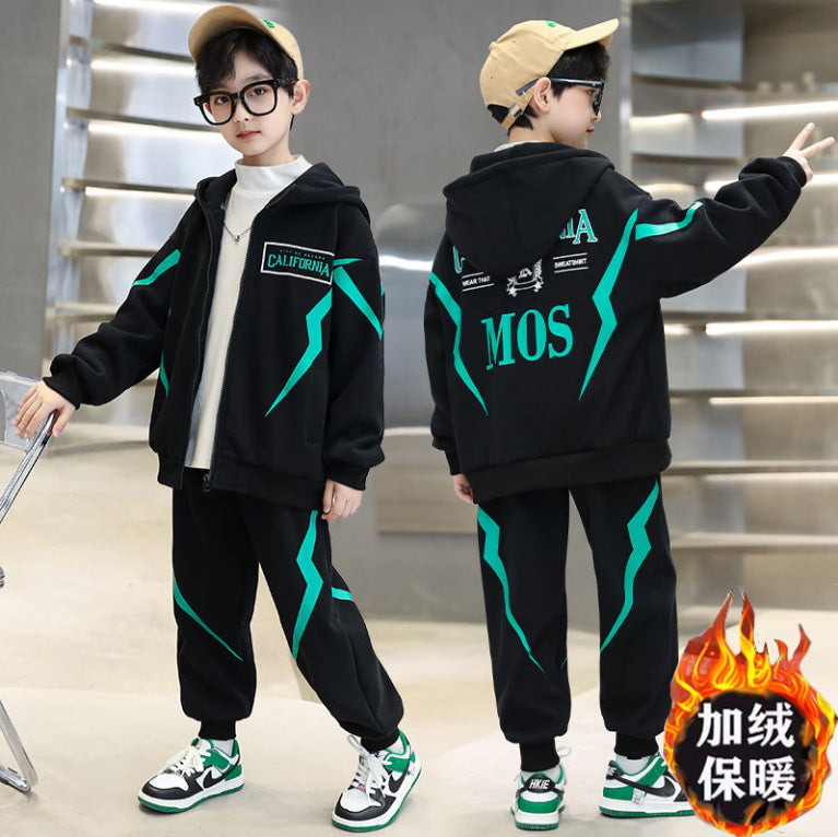 Fall and winternew arrivalkidsoutwearfleece-linedheattech hooded sweatshirt sweatpants suit small and medium-sized boys casual sports suit