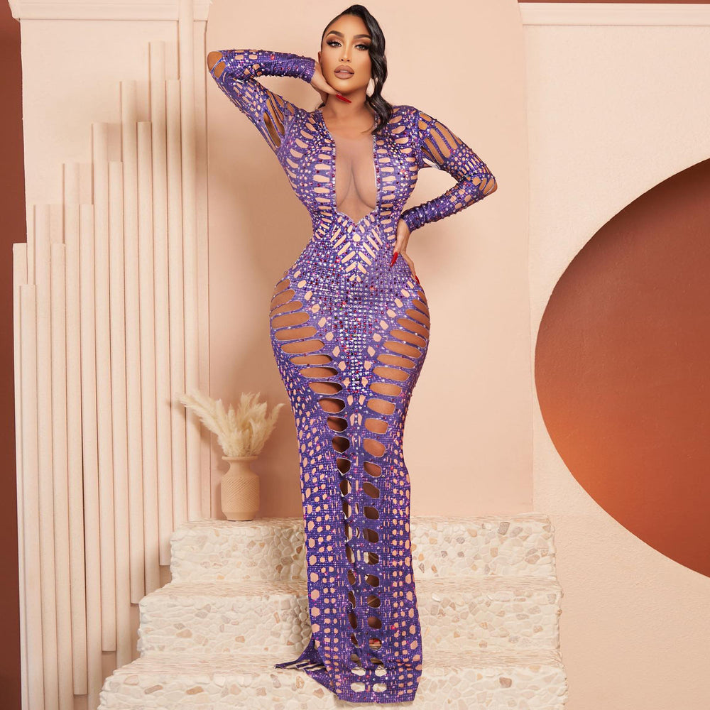 hot-selling european and american women's clothing sexy ripped tight-fitting hip-hugging dress hot diamond printing long skirt