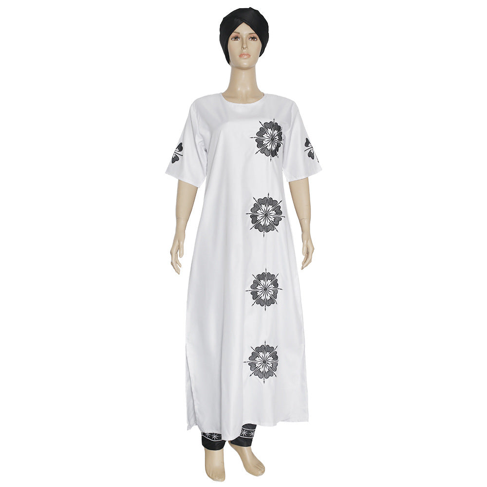 Wholesale   two-piece set short sleeve matte fabric dress with headscarf maxi dress plus size women's