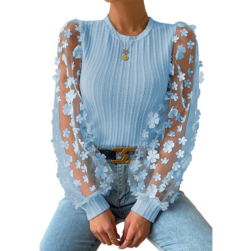 European and American  women's clothing, mesh floral chiffon shirt women's 2024 spring and summer round neck thin pullover long-sleeved top