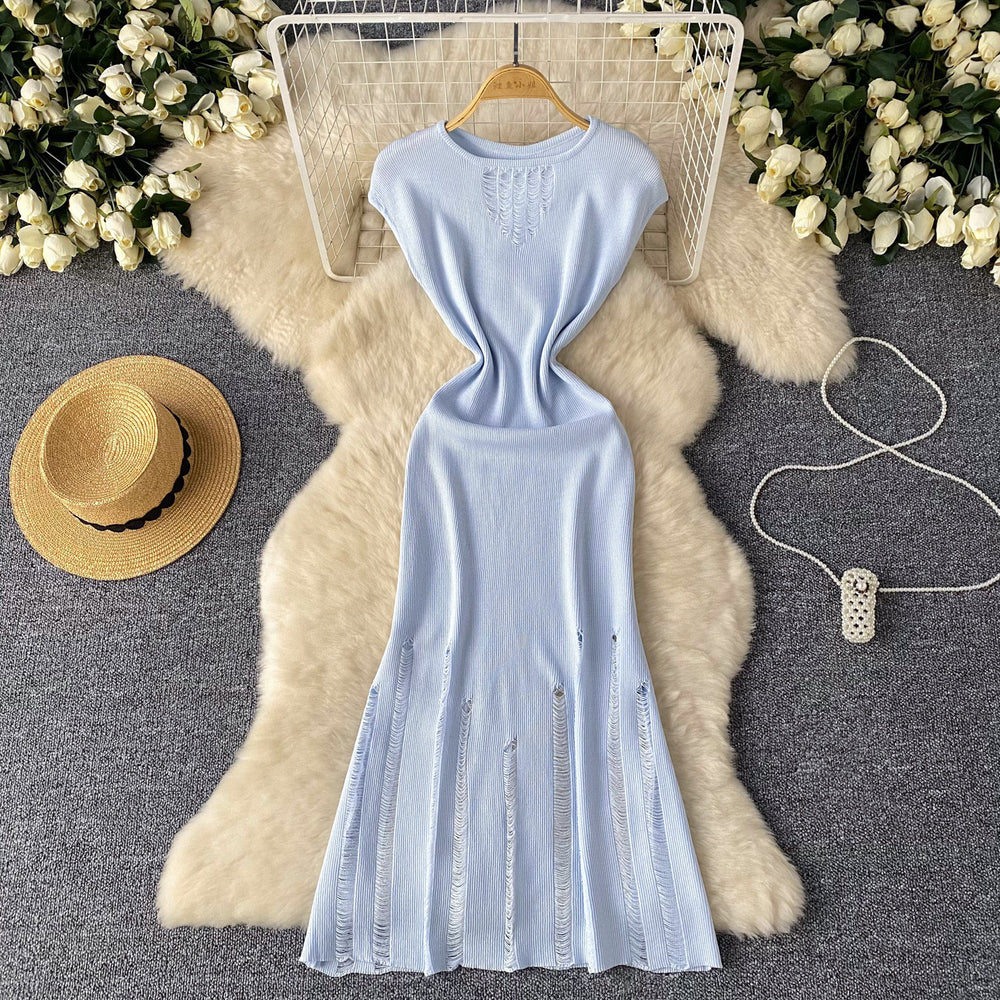 European and american style light luxury sleeveless knit dress - women's summer distressed design, unique and elegant maxi dress
