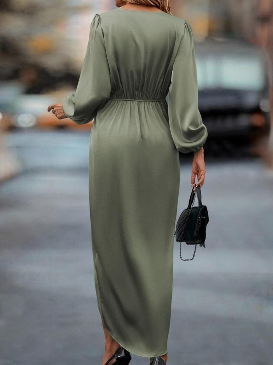 women's new slit dress - spring/summer lantern sleeve irregular long sleeve satin maxi dress