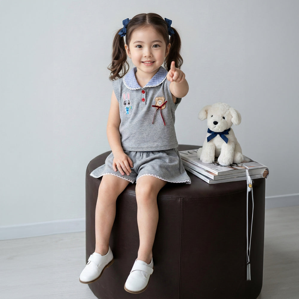 Girls' set: collared vest & lace shorts outfit - preppy zootopia bunny officer two-piece wholesale
